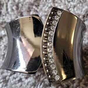 Dark Silvertone Asymmetrical Hinged Thick Cuff Bracelet With Rhinestones